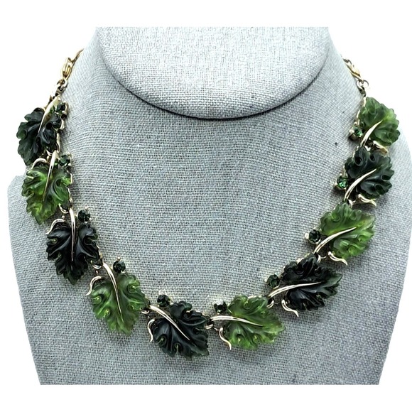 Lisner Jewelry Jewelry - Vintage Lisner Rhinestone Lucite Necklace Green Molded Leaves‎ Jewelry